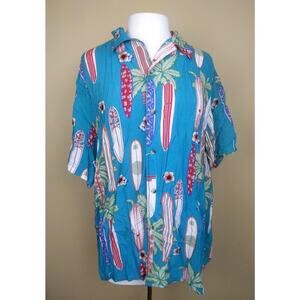 90s Men's Thums Up Blue Hawaiian Shirt, Longboard Surf Palm Tree, Vintage Large